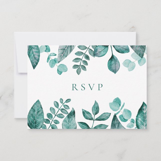Elegant Teal Greenery Response, Watercolor Wedding RSVP Card (Back)