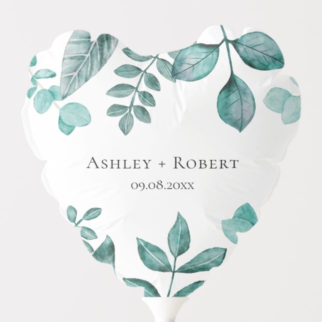 Elegant Teal Greenery Watercolor Modern Wedding Balloon (Front)