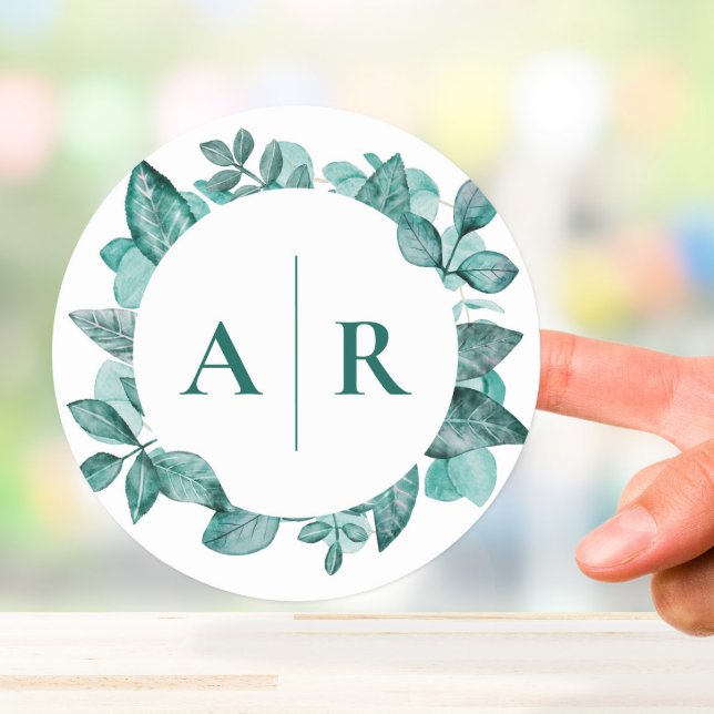 Elegant Teal Greenery Watercolor Modern Wedding Classic Round Sticker (Creator Uploaded)