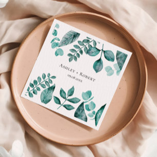 Elegant Teal Greenery Watercolor Modern Wedding Napkins