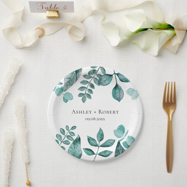 Elegant Teal Greenery Watercolor Modern Wedding Paper Plates (Wedding)