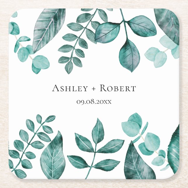 Elegant Teal Greenery Watercolor Modern Wedding Square Paper Coaster (Front)