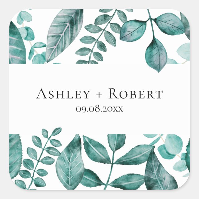 Elegant Teal Greenery Watercolor Modern Wedding Square Sticker (Front)
