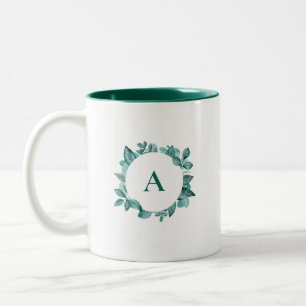 Elegant Teal Greenery Watercolor Monogram Two-Tone Coffee Mug