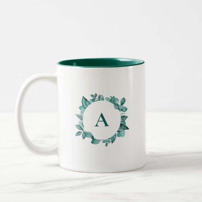 Elegant Teal Greenery Watercolor Monogram Two-Tone Coffee Mug (Left)