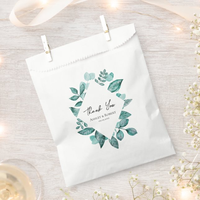 Elegant Teal Greenery Watercolor Wedding Favor Bag (Clipped)