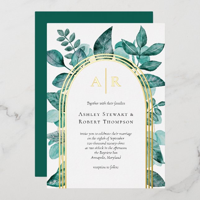 Elegant Teal Greenery Watercolor Wedding Gold Foil Invitation (Front/Back)