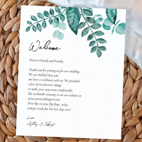 Elegant Teal Greenery Wedding Welcome Bag Letter