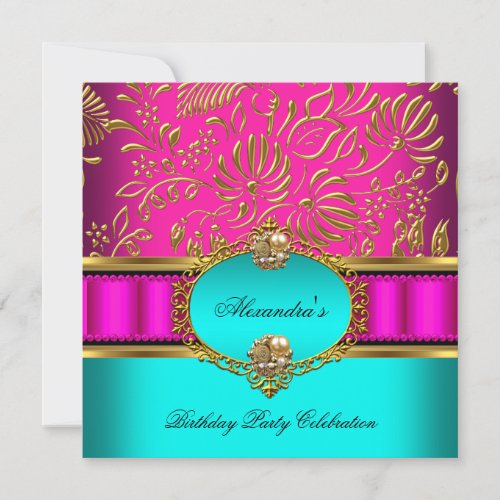 Elegant Teal Hot Pink Gold Damask Birthday Party 2 Invitation