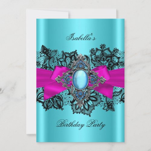 Elegant Teal Hot Pink Lace Blue Birthday Party Invitation