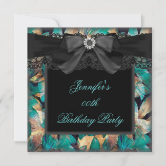 Elegant Teal Jade Floral Black Lace Birthday Party Invitation
