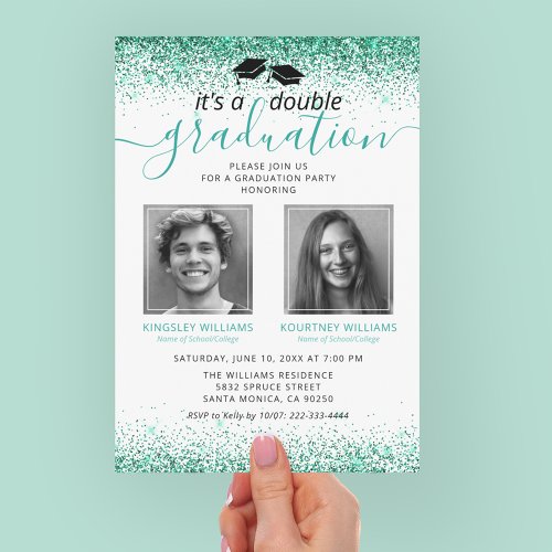 Elegant Teal Joint Graduation Photo Invitation - Modern double graduation invitations featuring a white background that can be changed to any color, trendy teal glitter, mortarboards, photos of the two graduates, and a simple double celebration template that is easy to personalize.