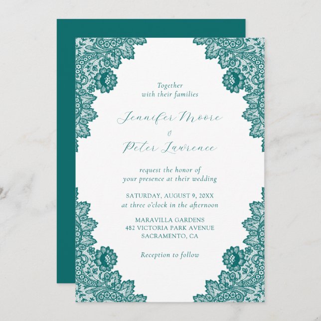 Elegant Teal Lace Wedding Invitation (Front/Back)