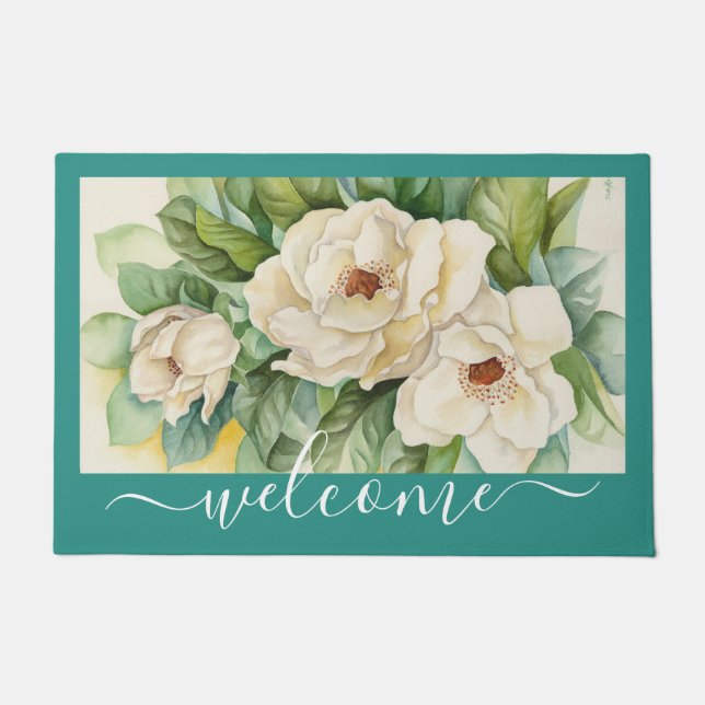 Elegant Teal Magnolia Floral Welcome Script Doormat (Front)