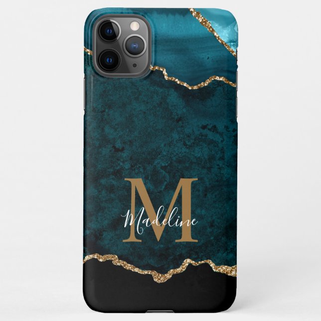 Elegant Teal Marble Agate Geode Gold Monogram iPhone Case (Back)