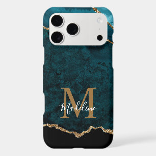 Elegant Teal Marble Agate Geode Gold Monogram iPhone 17 Pro Max Case