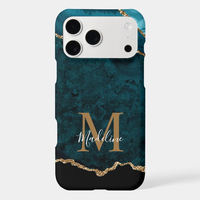 Elegant Teal Marble Agate Geode Gold Monogram iPhone Case (Back)