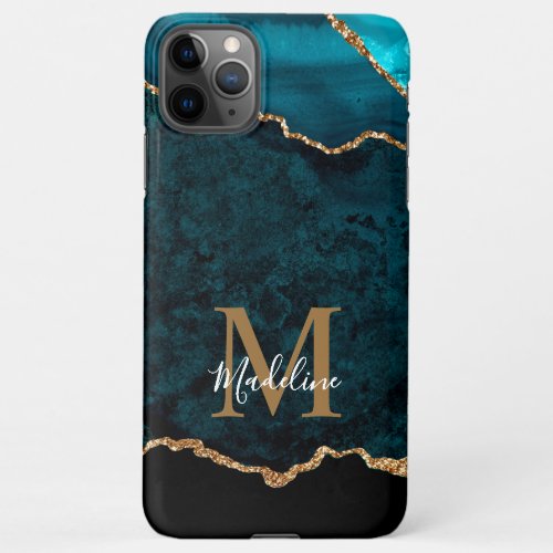 Elegant Teal Marble Agate Geode Gold Monogram iPhone 11Pro Max Case