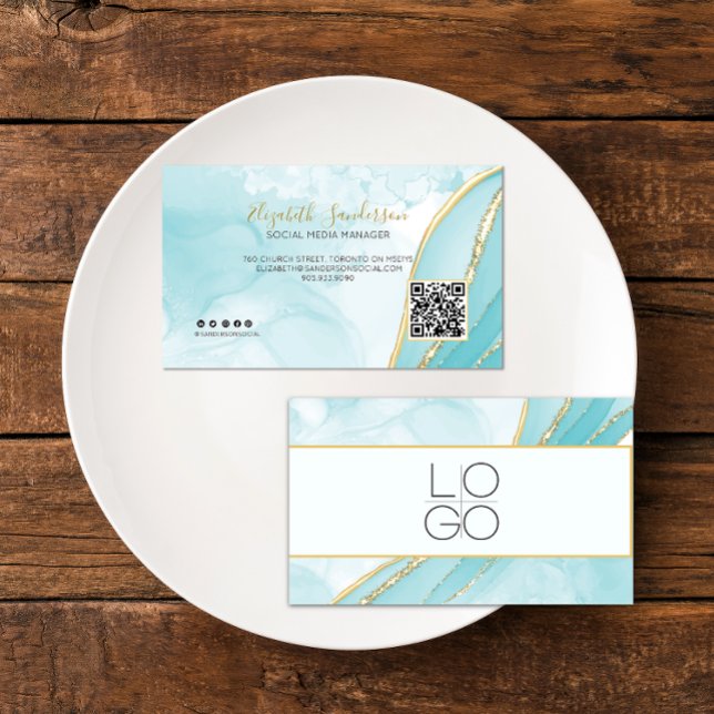 ELEGANT Teal Marble YOUR QR CODE Business Card (Creator Uploaded)