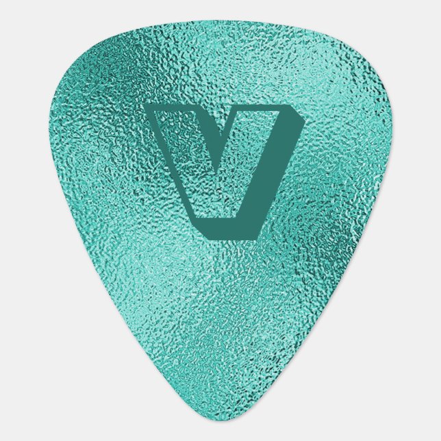 Elegant Teal Metallic Music Note Monogram Custom Guitar Pick (Front)