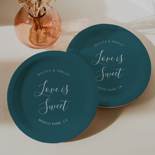 Elegant Teal Minimalist Calligraphy Wedding Paper Plates