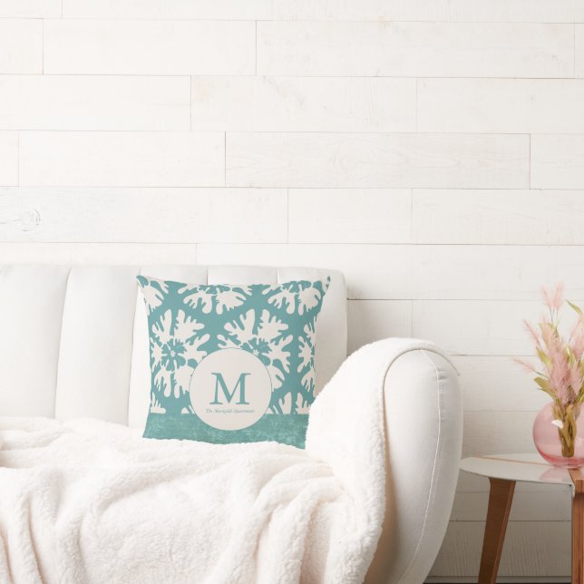 Elegant Teal Monogram Christmas Star Throw Pillow (Couch)