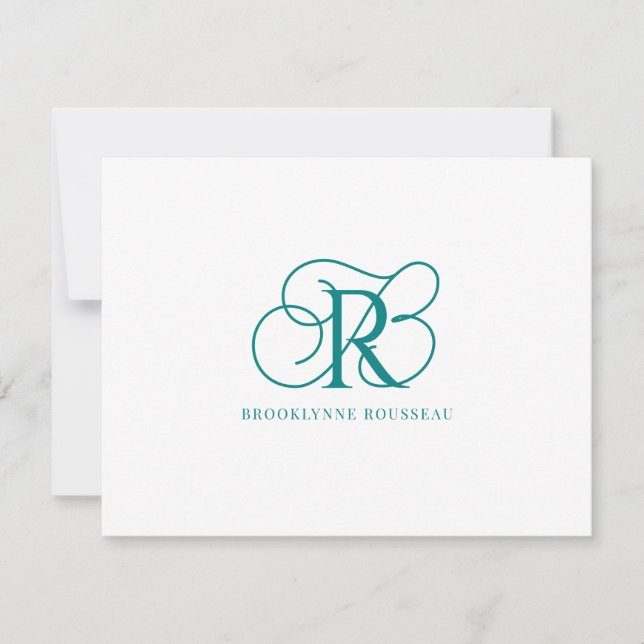 Elegant Teal Monogram Flat Note Card (Front)