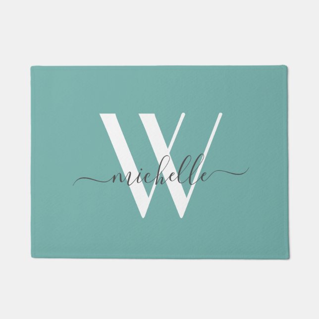 Elegant Teal Monogram Name Script Doormat (Front)