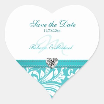 Elegant Teal Monogram Save The Date Wedding Heart Sticker by weddingsNthings at Zazzle