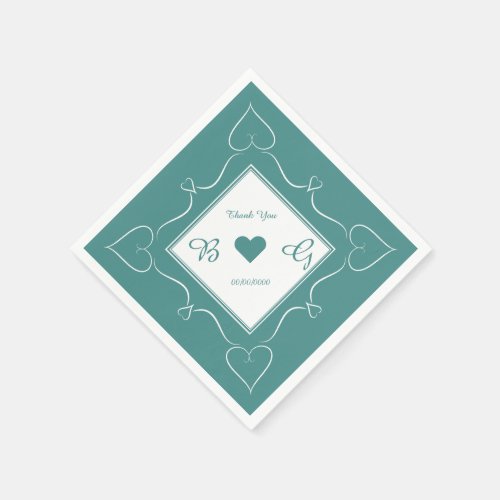 Elegant Teal Monogram Wedding Heart Napkins