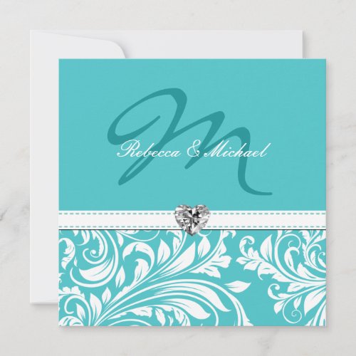 Elegant Teal Monogram Wedding Invites with Diamond