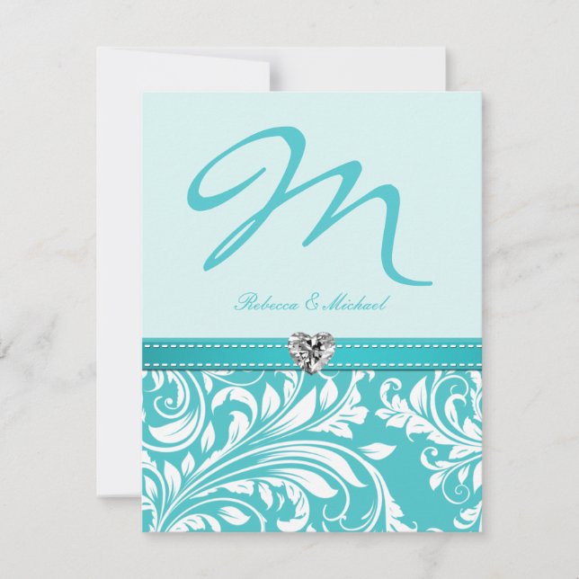 Elegant Teal Monogram Wedding Invites with Diamond (Front)