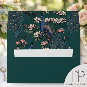 Elegant Teal Monogrammed Peacock Return Address Envelope