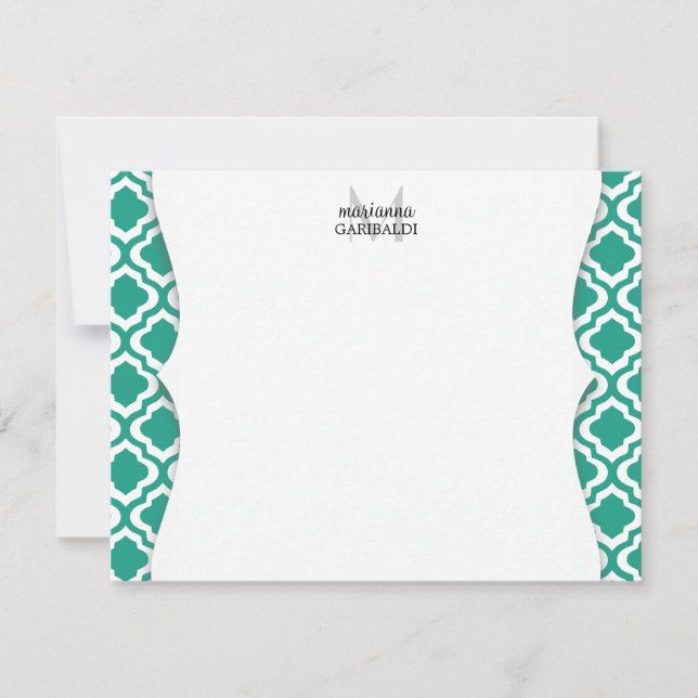 Elegant Teal Moroccan Quatrefoil Personalized Note Card (Front)