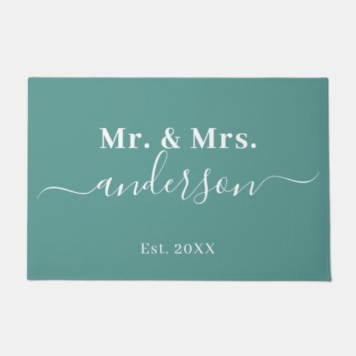 Elegant Teal Mr And Mrs Name Script Wedding Doormat