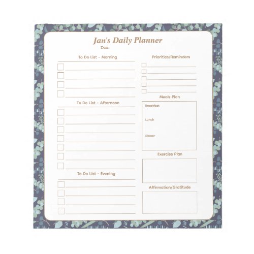 Elegant Teal Navy Blue Foliage Daily Planner  Notepad