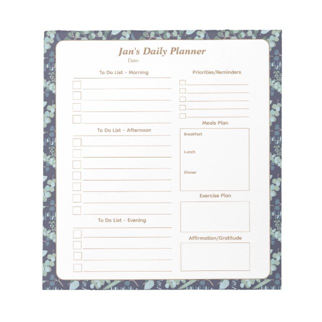 Elegant Teal Navy Blue Foliage Daily Planner  Notepad (Front)