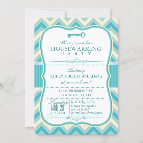 Elegant Teal  Off_White Chevron Housewarming Invitation