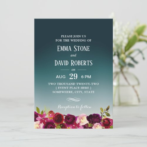 Elegant Teal Ombre Burgundy Red Floral Wedding Invitation