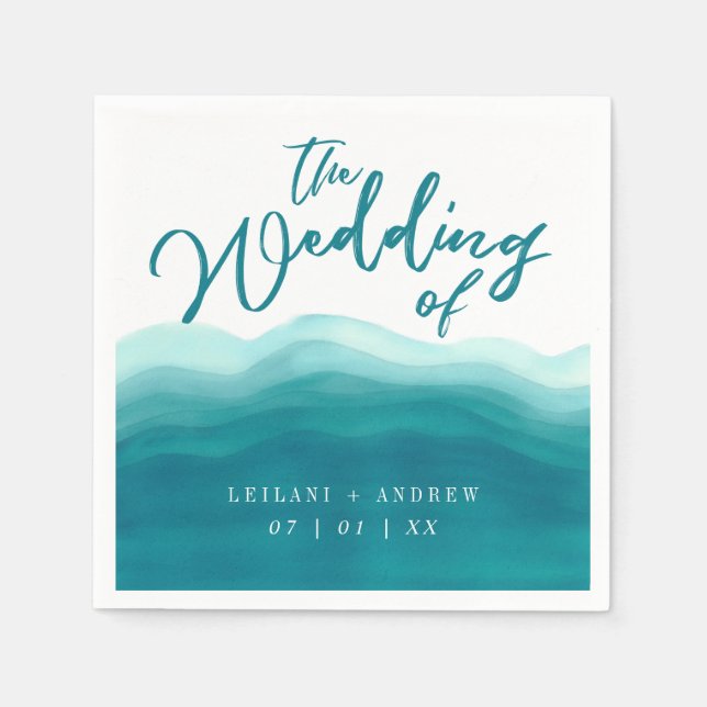 Elegant Teal Ombre Watercolor Wave | Wedding Napkins (Front)