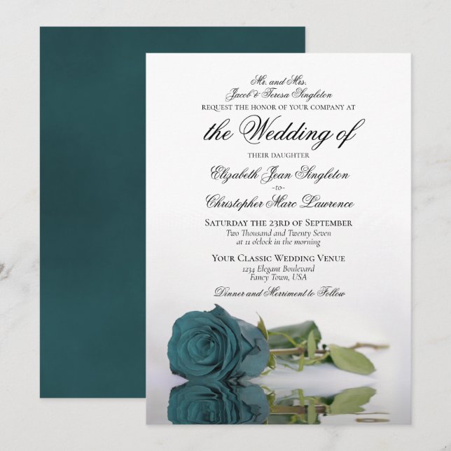 Elegant Teal or Turquoise Rose Formal Wedding Invitation (Front/Back)