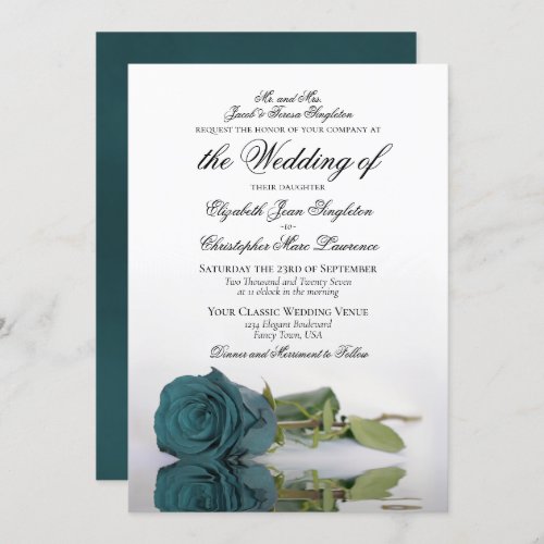 Elegant Teal or Turquoise Rose Formal Wedding Invitation