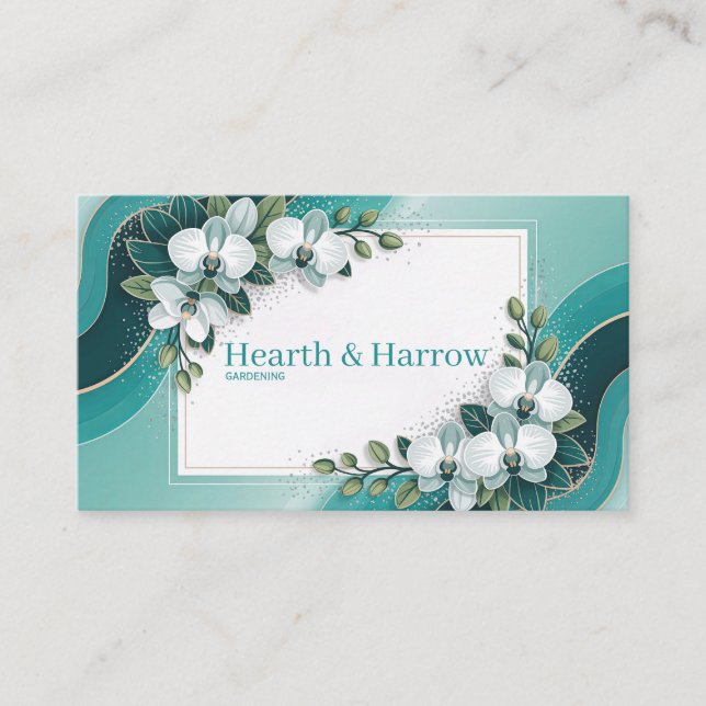 Elegant Teal Orchid Floral Modern Geometric Flow Business Card (Front)