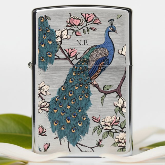 Elegant Teal Peacock Bird Zippo Lighter (Elegant Colorful Blue Peacock with Teal Feather Bird Lighters for Her. Peafowl Animal & Flowers )