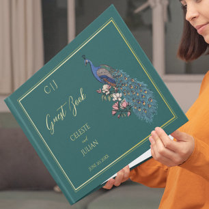 Elegant Teal Peacock Photo Wedding Guest Book