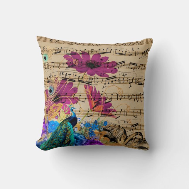 Elegant Teal Peacock Purple Floral Sheet Music Throw Pillow (Front)