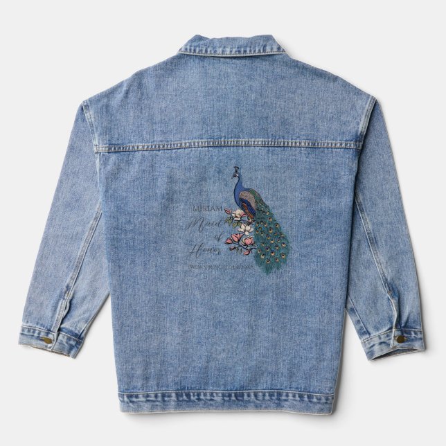 Elegant Teal Peacock Wedding Party Denim Jacket (Back)