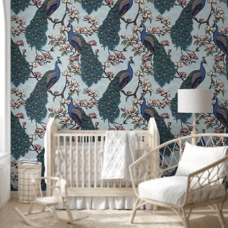 Elegant Teal Peacocks and Magnolia Flowers Floral
