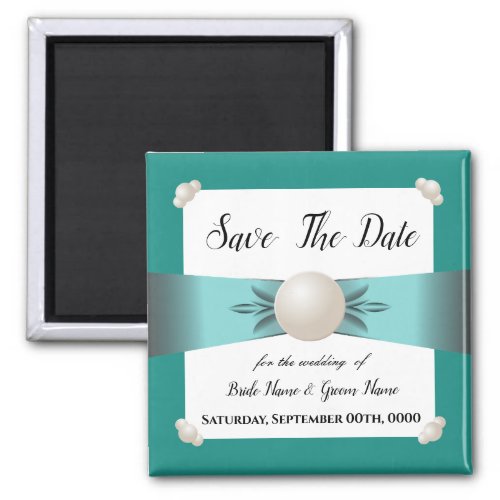 Elegant Teal Pearl Ribbon Photo Save the Date Magnet