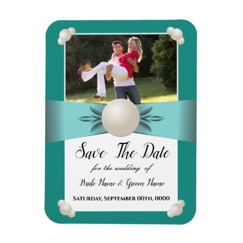 Elegant Teal Pearl Ribbon Photo Save The Date Magnet